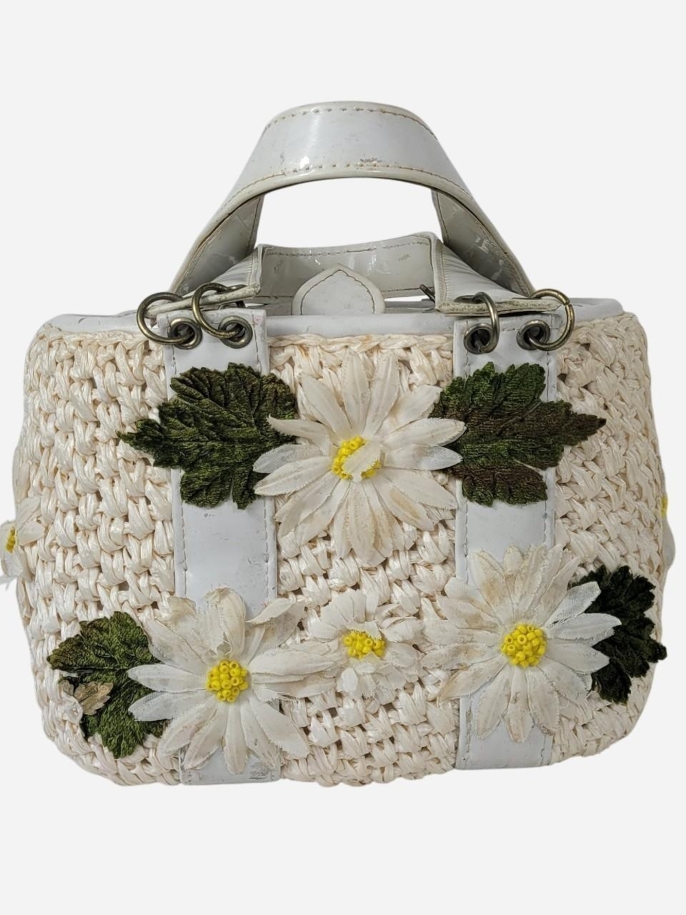 American Vintage White Woven Wicker Straw Daisy Tote with Green Leaf Accents